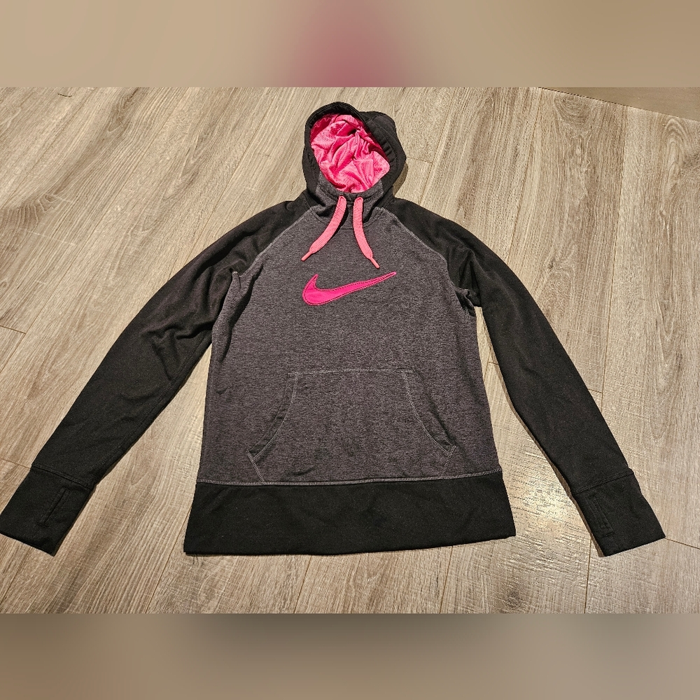 Nike Lined Therma Fit Black Gray Pink Swoosh Hoodie Top Medium